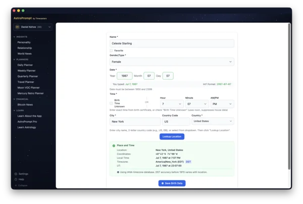 AstroPrompt birth data entry screen